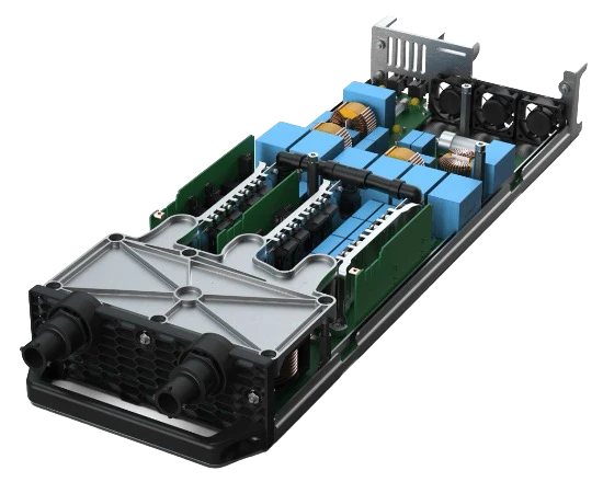 25 kW DC:DC module with lid removed exposing the dual-active-bridge electronics