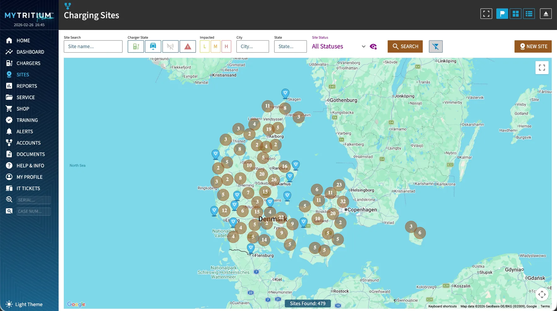MyTritium Sites module: map of 479 charging sites with status filters